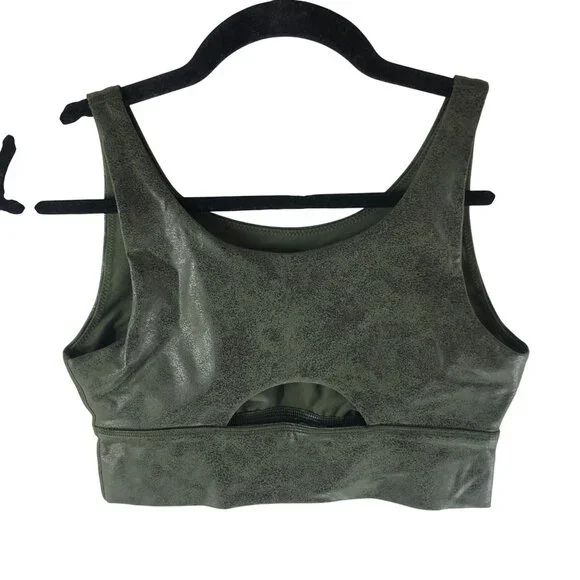 Aerie Offline Dark Green Distressed Faux Leather Sports Bra Keyhole Back S - Picture 2 of 4